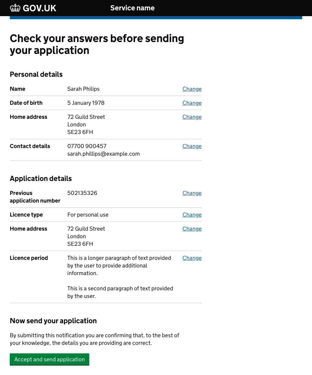 Screenshot of a check answers page, includes a heading, and two sections for personal details and application details. Each section has details on the answers a user has given with a corresponding link to change their answer. At the bottom of the page there is a button to 'accept and send' the application.
