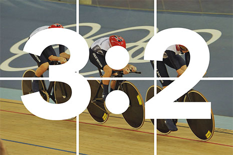 An image of cyclists overlayed with a 3 by 2 grid to explain the aspect ratio of the photograph